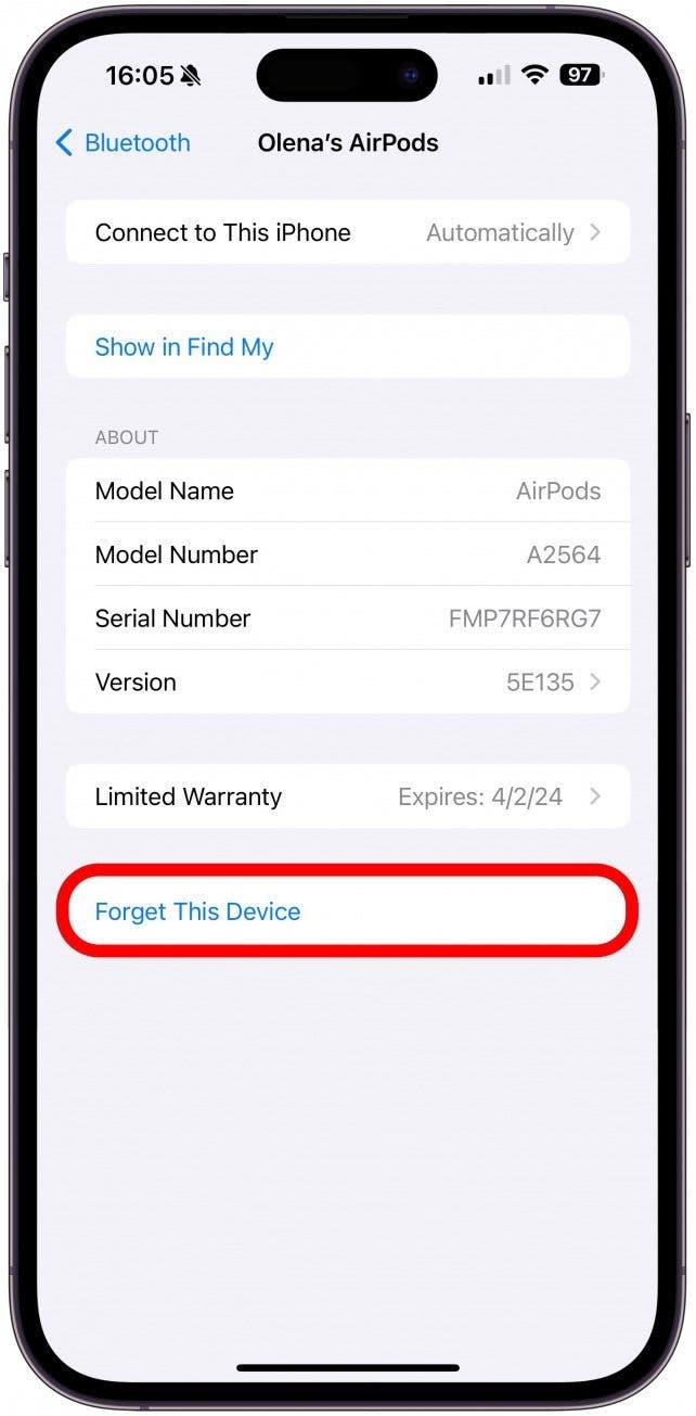 Vergeet eerst de AirPods in de Bluetooth-instellingen van uw iPhone.