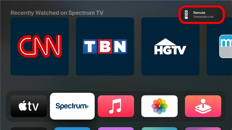 När du ser ett meddelande om förlorad anslutning på skärmen vet du att din Apple TV-fjärrkontroll återställs.