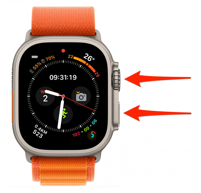 Om de Apple Watch opnieuw op te starten of een harde reset uit te voeren: houd de zijknop en de digitale kroon tegelijkertijd 10 seconden ingedrukt en laat ze dan los.
