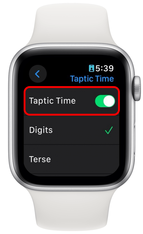 빨간색 원으로 표시된 탭틱 시간 토글이 있는 Apple Watch 탭틱 시간 설정