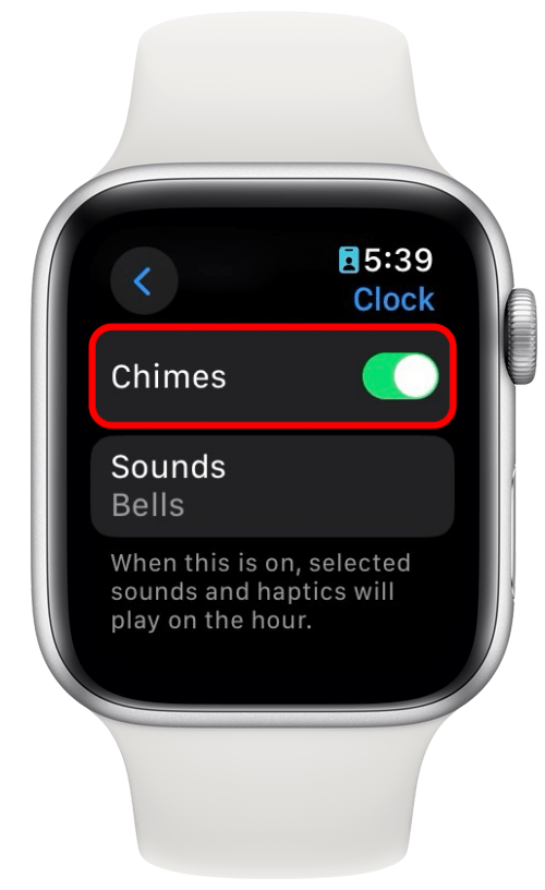 Réglages de l'horloge de l'apple watch avec l'interrupteur de carillon entouré en rouge
