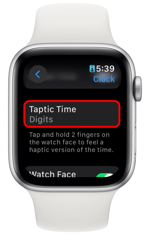 definições do relógio do apple watch com taptic time circulado a vermelho