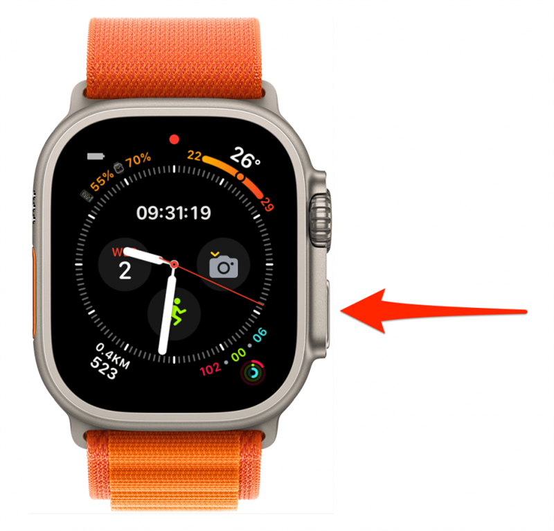 Appuyez sur le bouton latéral de votre Apple Watch déverrouillée.