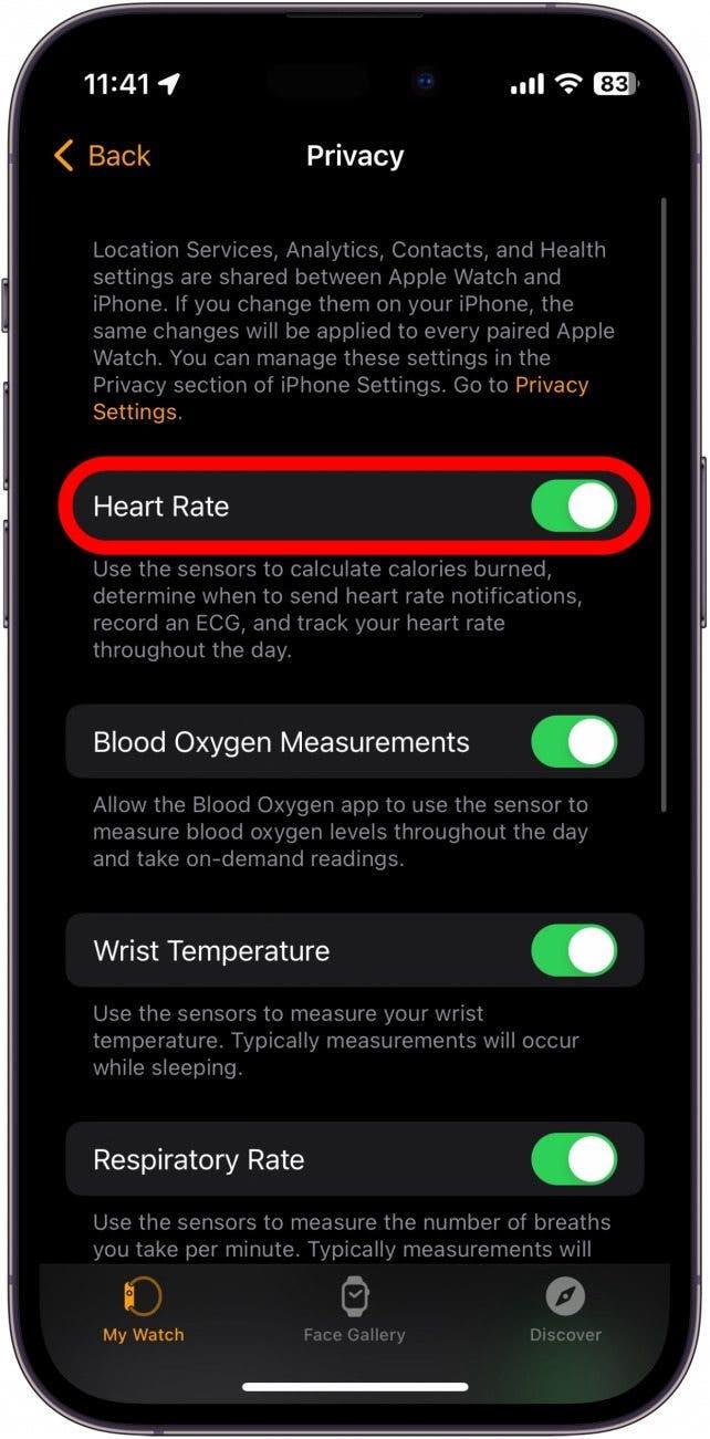 ajustes de privacidad de la aplicación apple watch con el conmutador de frecuencia cardiaca rodeado en rojo