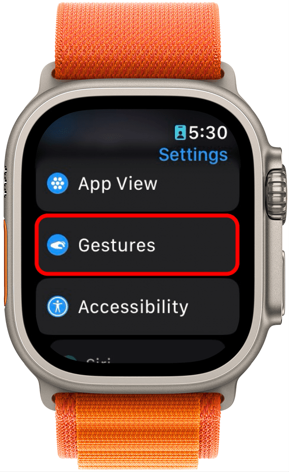 apple watch innstillinger app med bevegelser innringet i rødt