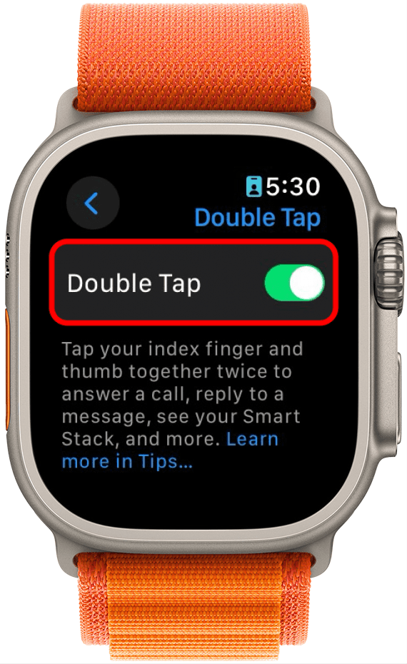 Apple Watch Einstellungen mit Doppeltippen und rot eingekreister Doppeltipp-Umschaltfunktion