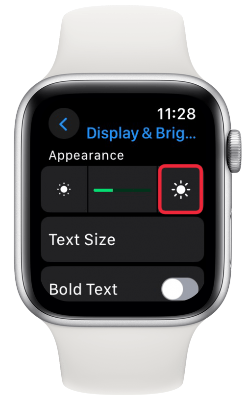 touchez l'icône soleil pour éclaircir l'écran de l'Apple Watch