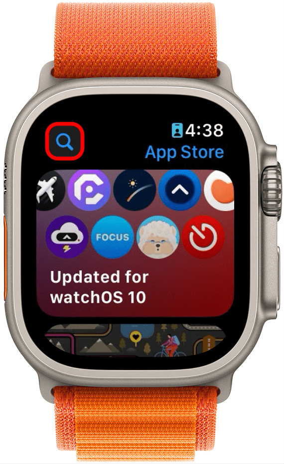 app store van het apple horloge met rood omcirkeld zoekicoon
