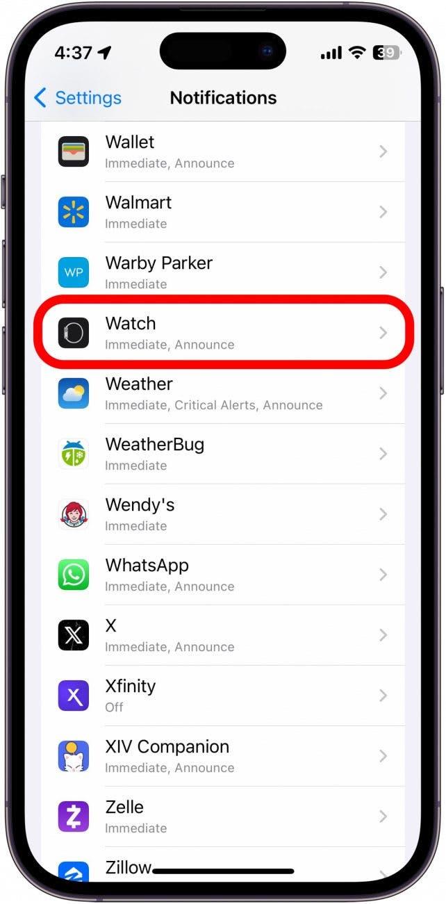 Réglages des notifications de l'iPhone avec l'application montre entourée en rouge