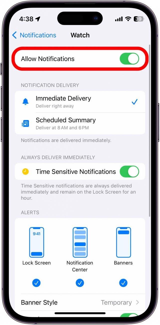 Réglages des notifications de l'application Watch de l'iPhone
