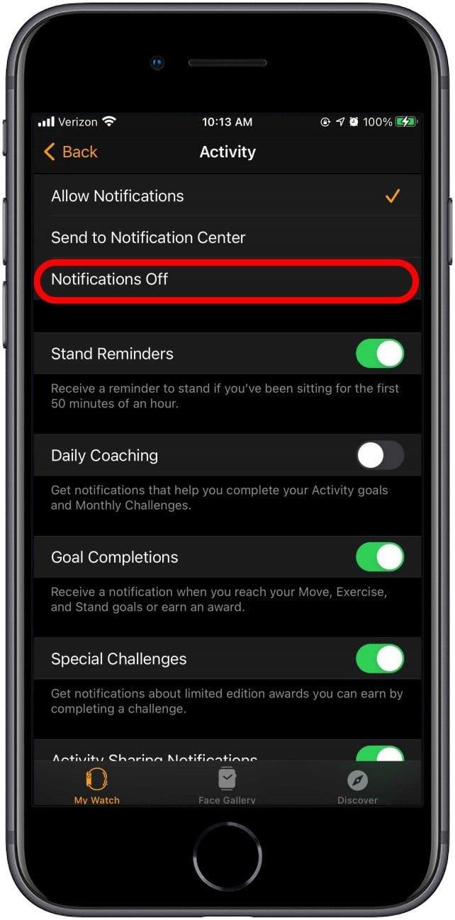Desactivar todas las notificaciones de actividad para ahorrar batería del Apple Watch