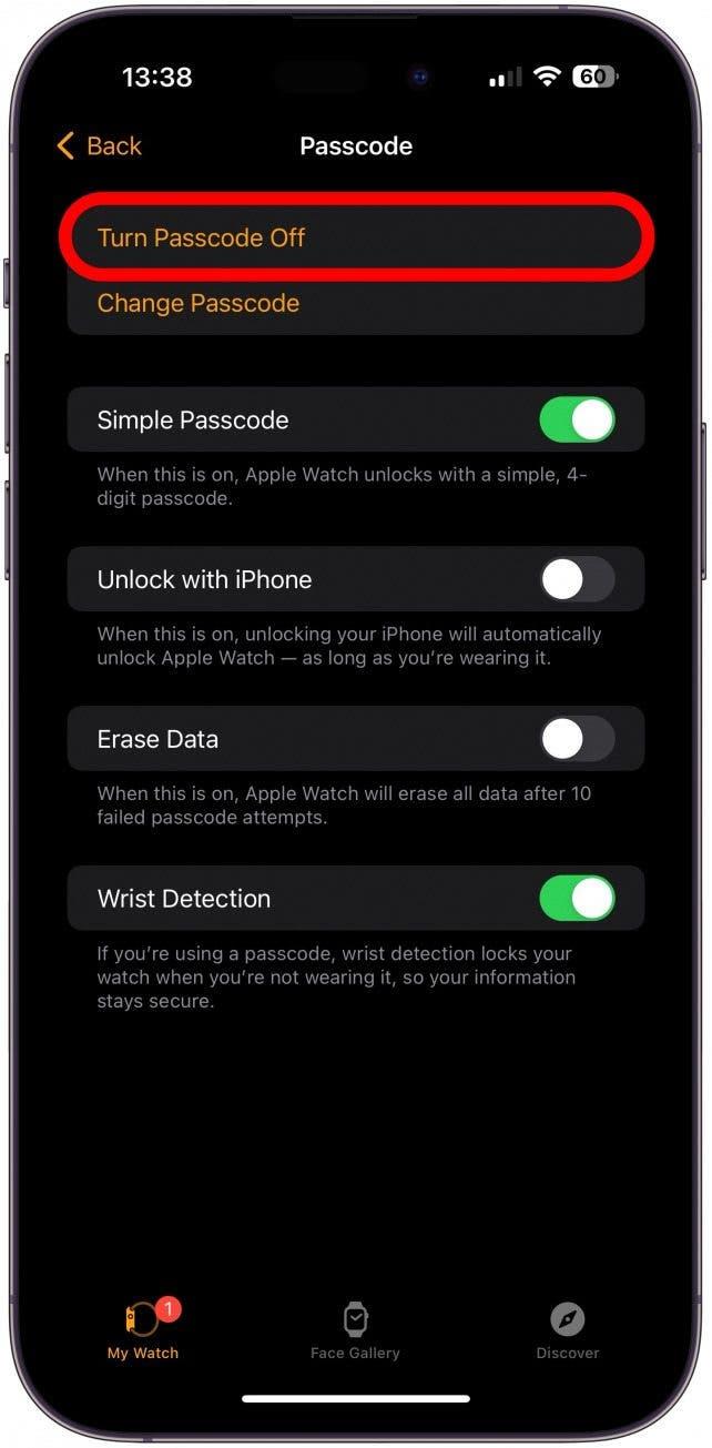 Si no le importa correr el riesgo, puede desactivar el código de acceso de su Apple Watch.