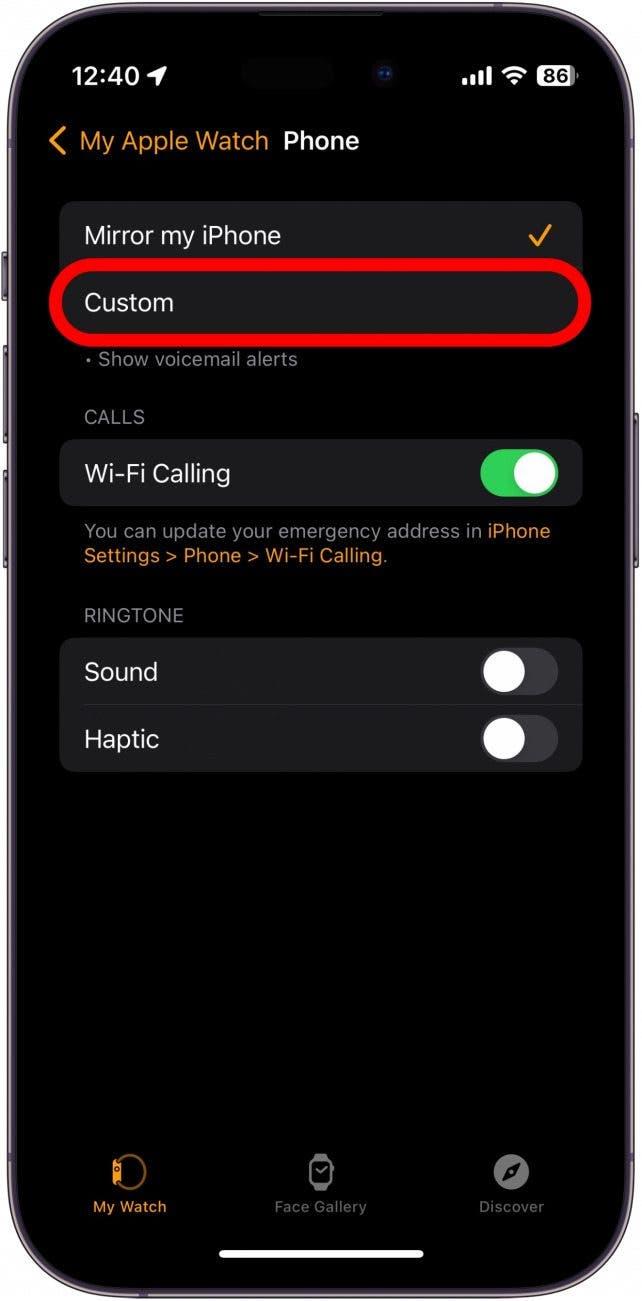 apple watch ajustes del telefono con custom rodeado en rojo
