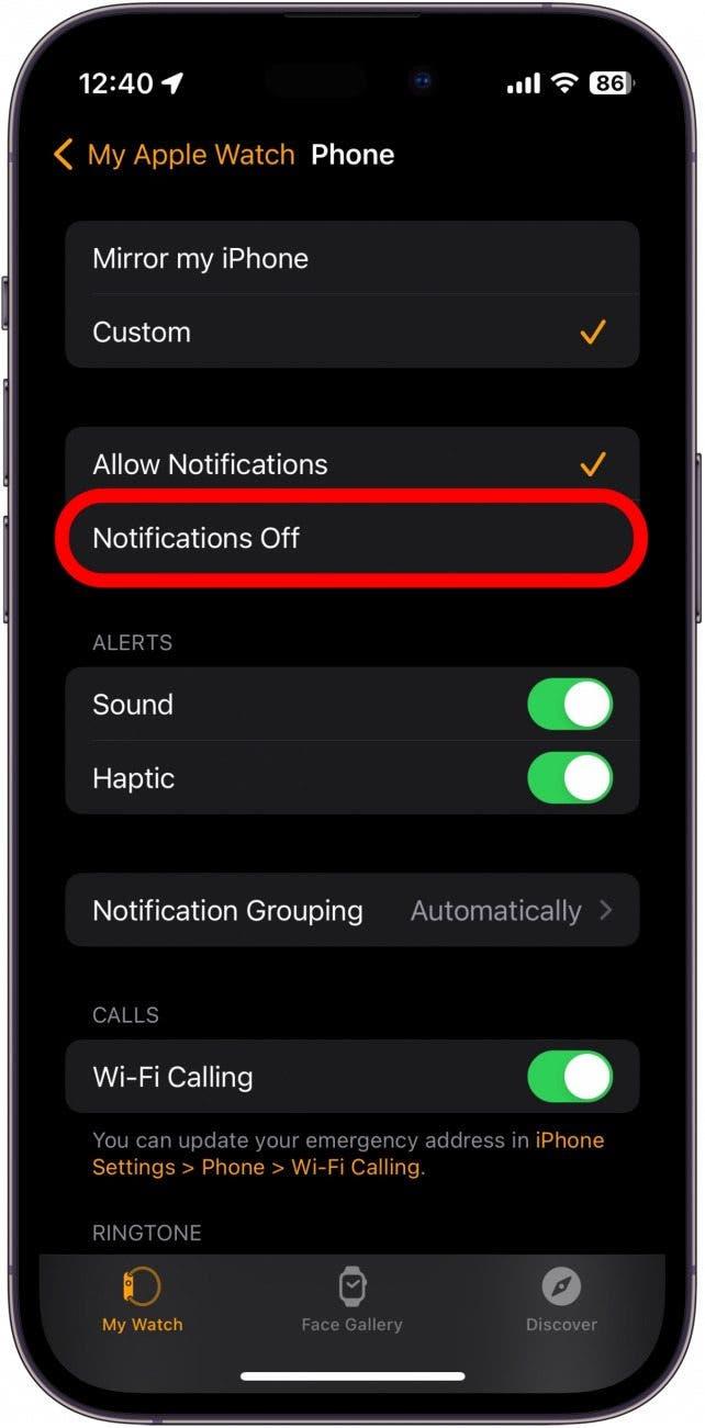настройки на телефона на Apple Watch с изключени известия, оградени в червено