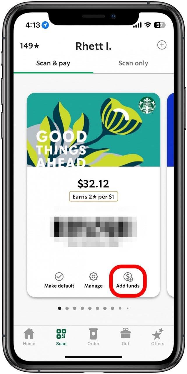 tocchi Aggiungi fondi per aggiungere denaro alla carta Starbucks con Apple Pay.