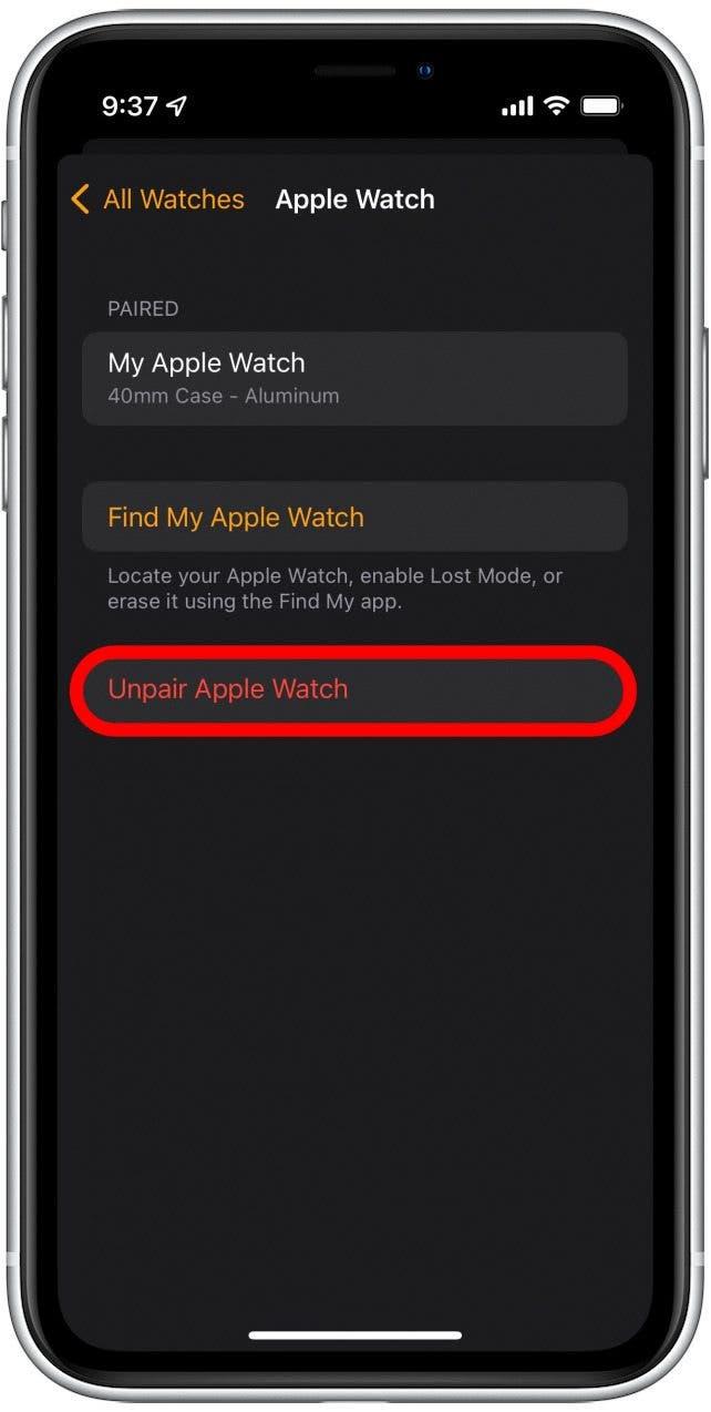 Klepněte na položku Zrušit spárování s hodinkami Apple Watch.