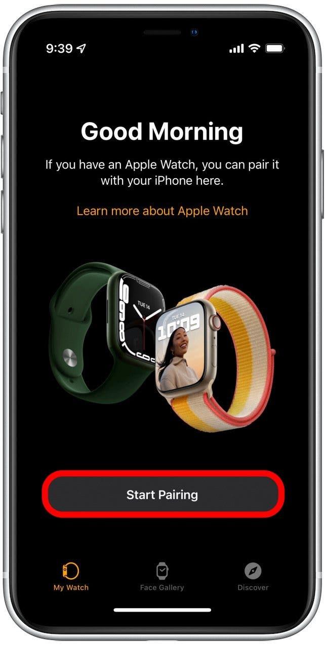 Sur l'écran de démarrage de l'app Watch, touchez Démarrer l'appairage.