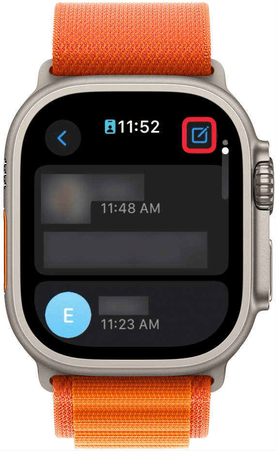l'application messages de l'apple watch avec un encadré rouge autour du bouton nouveau message