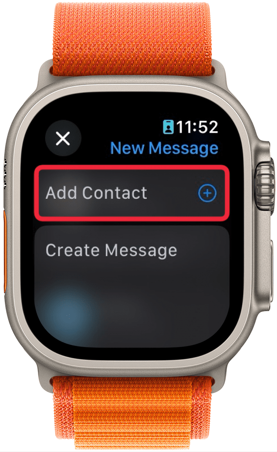 aplicação de mensagens do apple watch com uma caixa vermelha à volta do botão de adicionar contacto