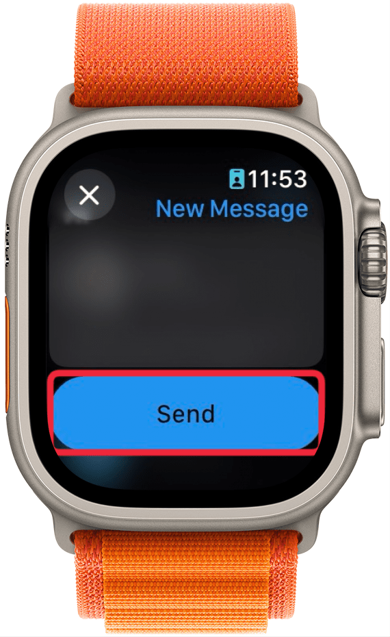 l'application messages de l'apple watch avec un encadré rouge autour du bouton envoyer