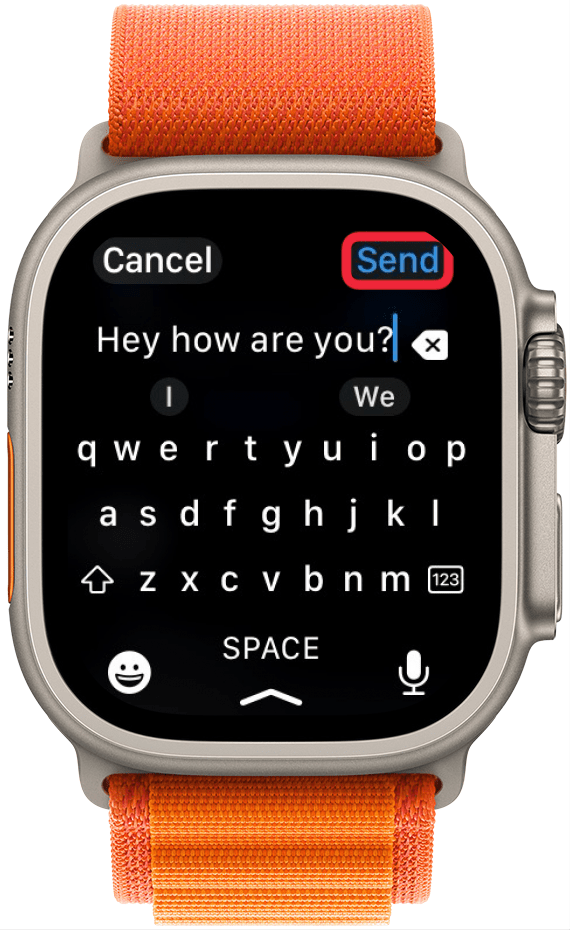 mensagens do apple watch com um teclado com uma caixa vermelha à volta do botão enviar