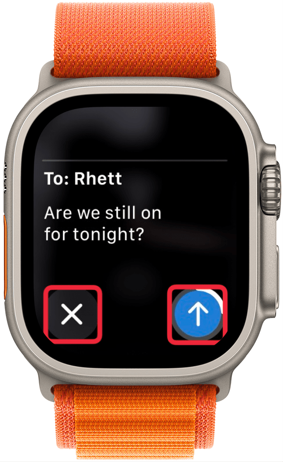 interfaccia siri di apple watch per l'invio di testo con riquadri rossi intorno ai pulsanti annulla e invia