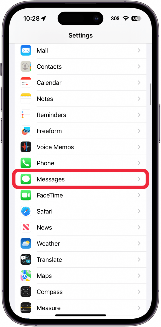 definições do iphone com uma caixa vermelha à volta das mensagens