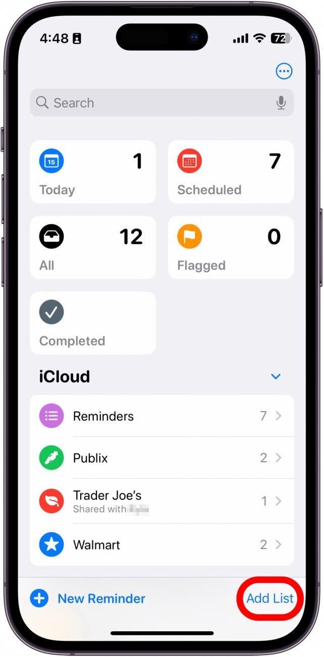 iphone Erinnerungs-App mit rot eingekreister Schaltfläche Liste hinzufügen