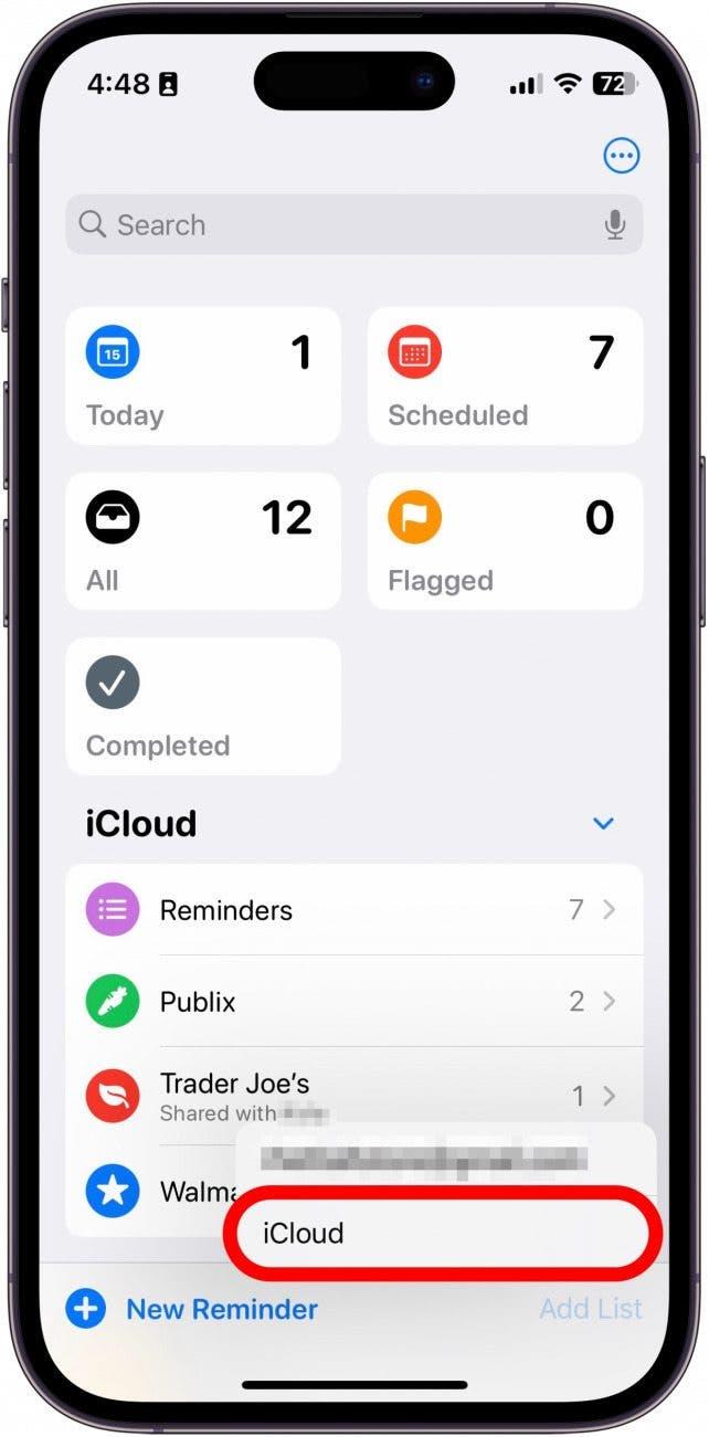 Création d'une nouvelle liste dans l'application Rappels iphone avec le compte iCloud entouré en rouge
