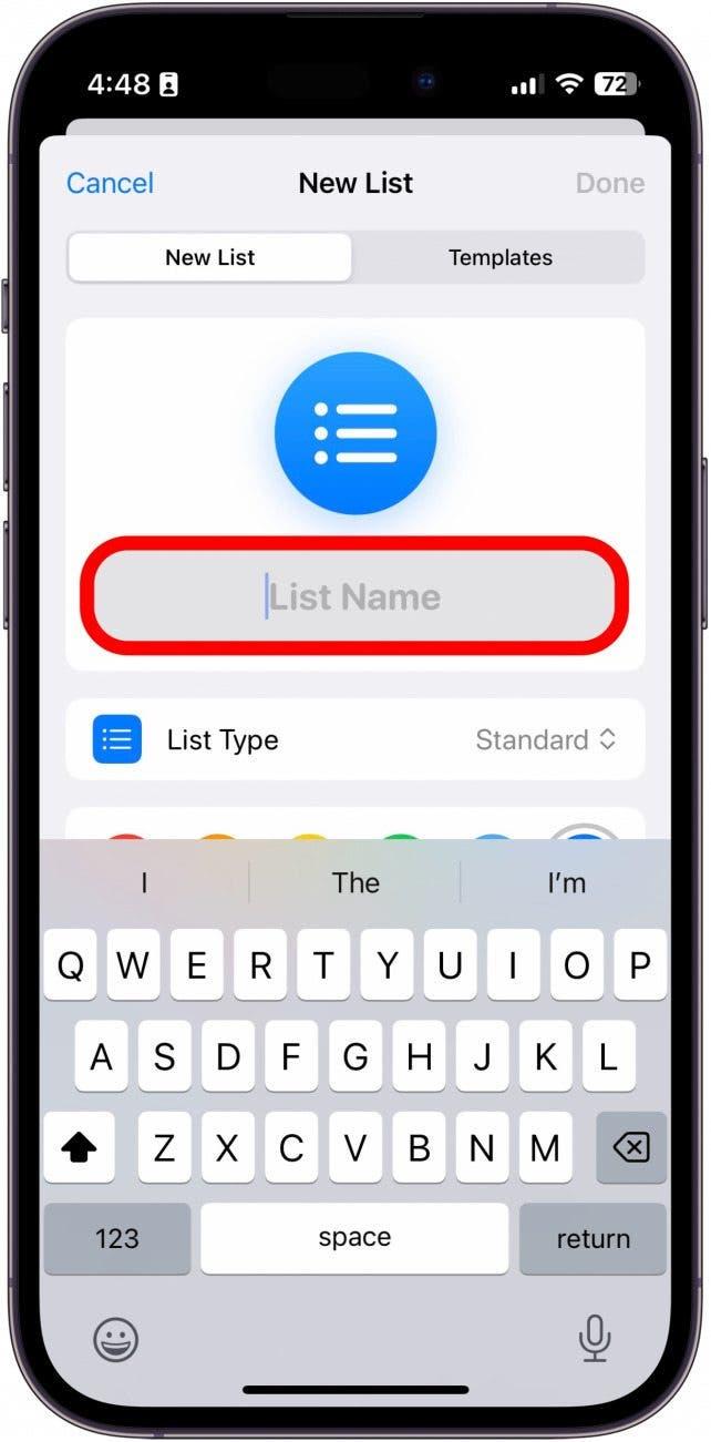 iphone reminders neue Liste mit rot eingekreisten Listennamen