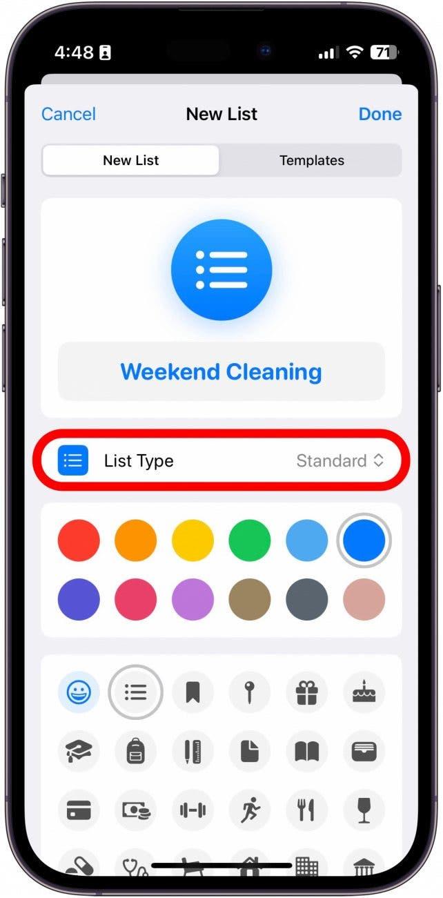 Application Rappels pour iPhone - Nouvelle liste avec bouton "Type de liste" entouré en rouge