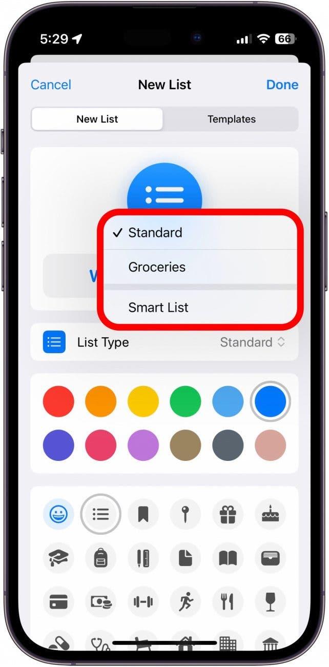 application iphone reminders nouvelle liste avec options de type de liste cerclées de rouge