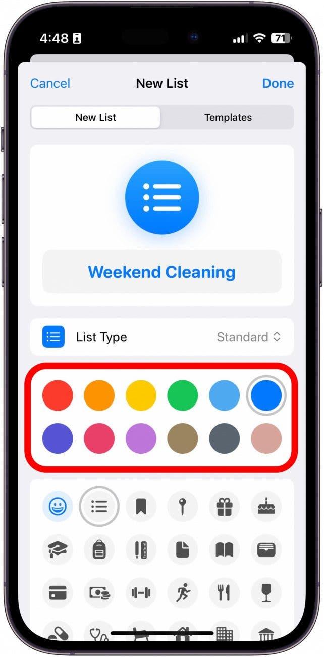 iphone reminders app new list with color selections encerclé en rouge