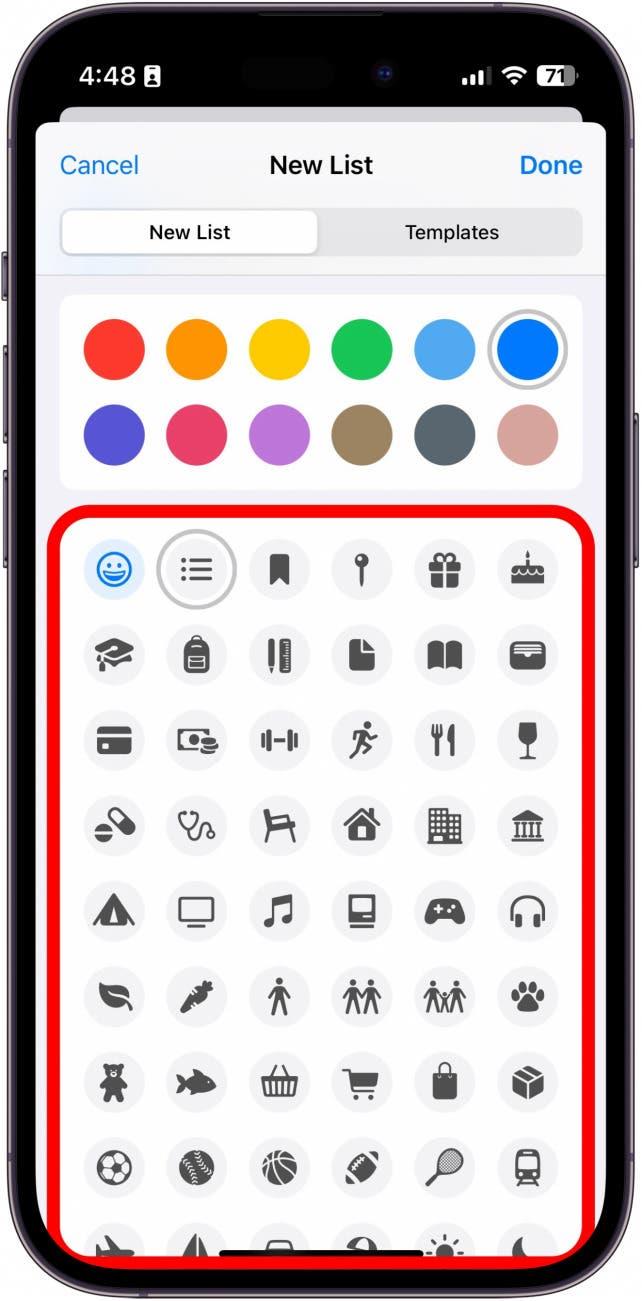 iphone reminders app new list with icon selections encerclé en rouge