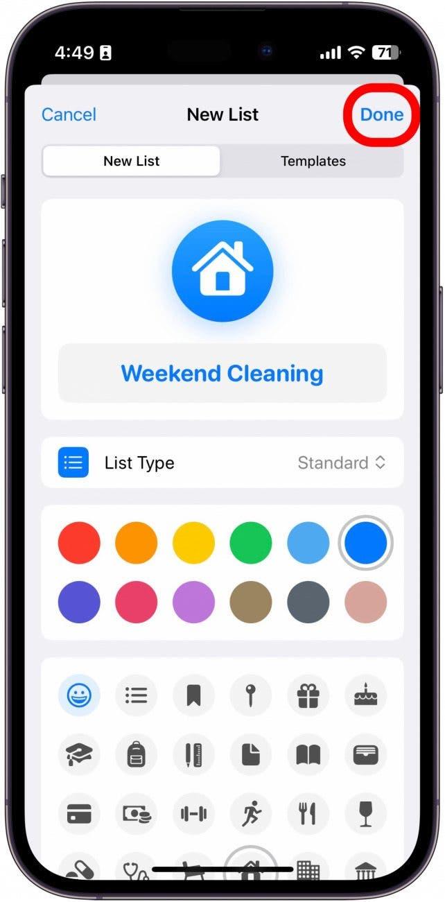 iphone reminders app neue Liste mit rot eingekreister Erledigt-Schaltfläche