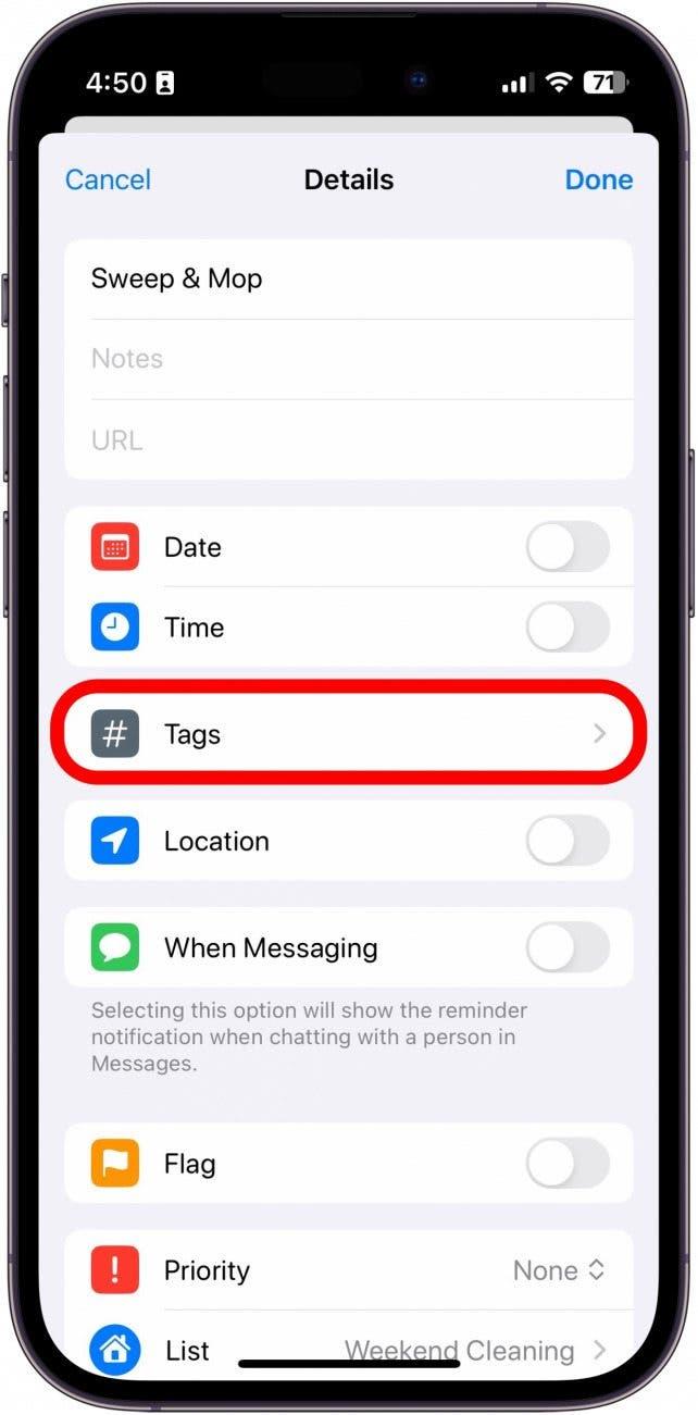 détails du rappel sur l'iPhone avec l'option "tags" encerclée en rouge