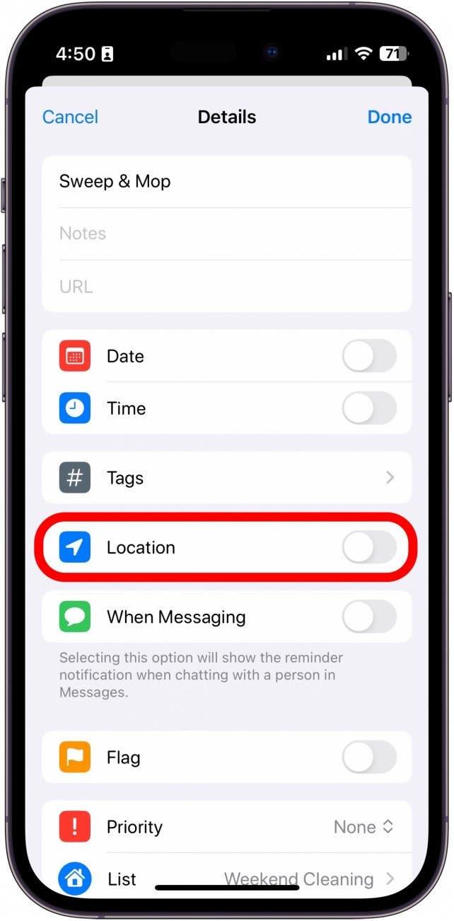 détails du rappel sur l'iphone avec l'option de localisation encerclée en rouge