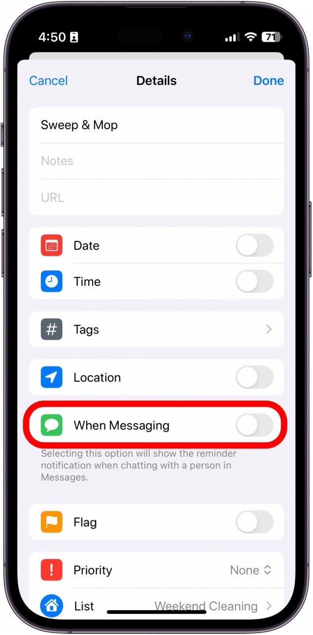 détails du rappel sur l'iphone avec l'option quand la messagerie est encerclée en rouge