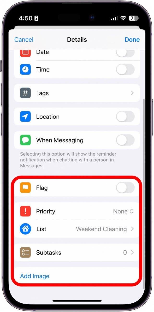 détails du rappel sur l'iphone avec les options drapeau, priorité, liste, sous-tâche et image encerclées en rouge