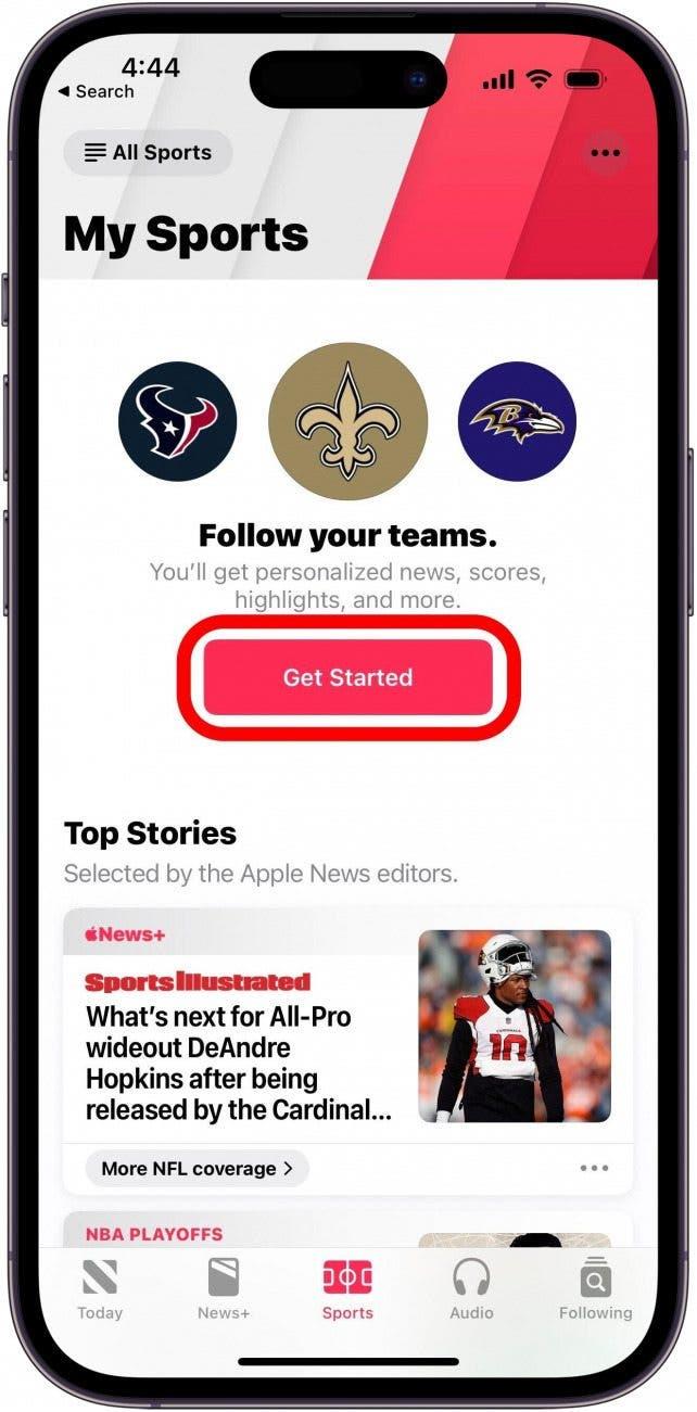 Als u uw Apple News Sportfeed nog niet hebt ingesteld, kunt u op Aan de slag tikken om dat te doen.