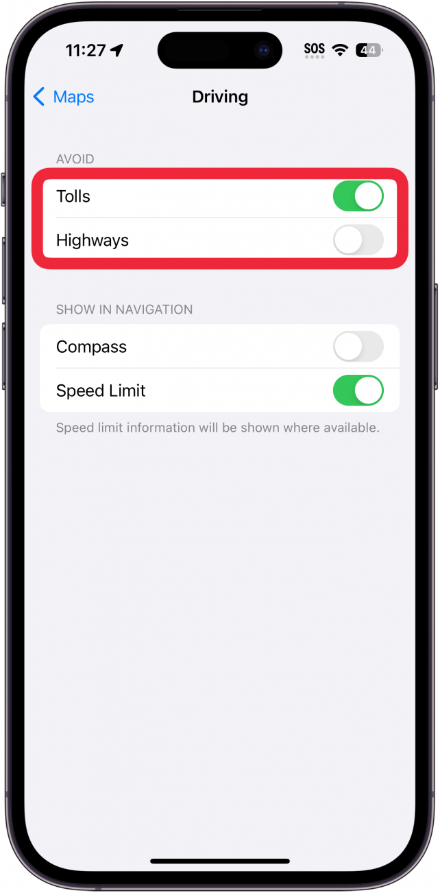 iphone maps settings met een rood vak rond tolls and highways toggle