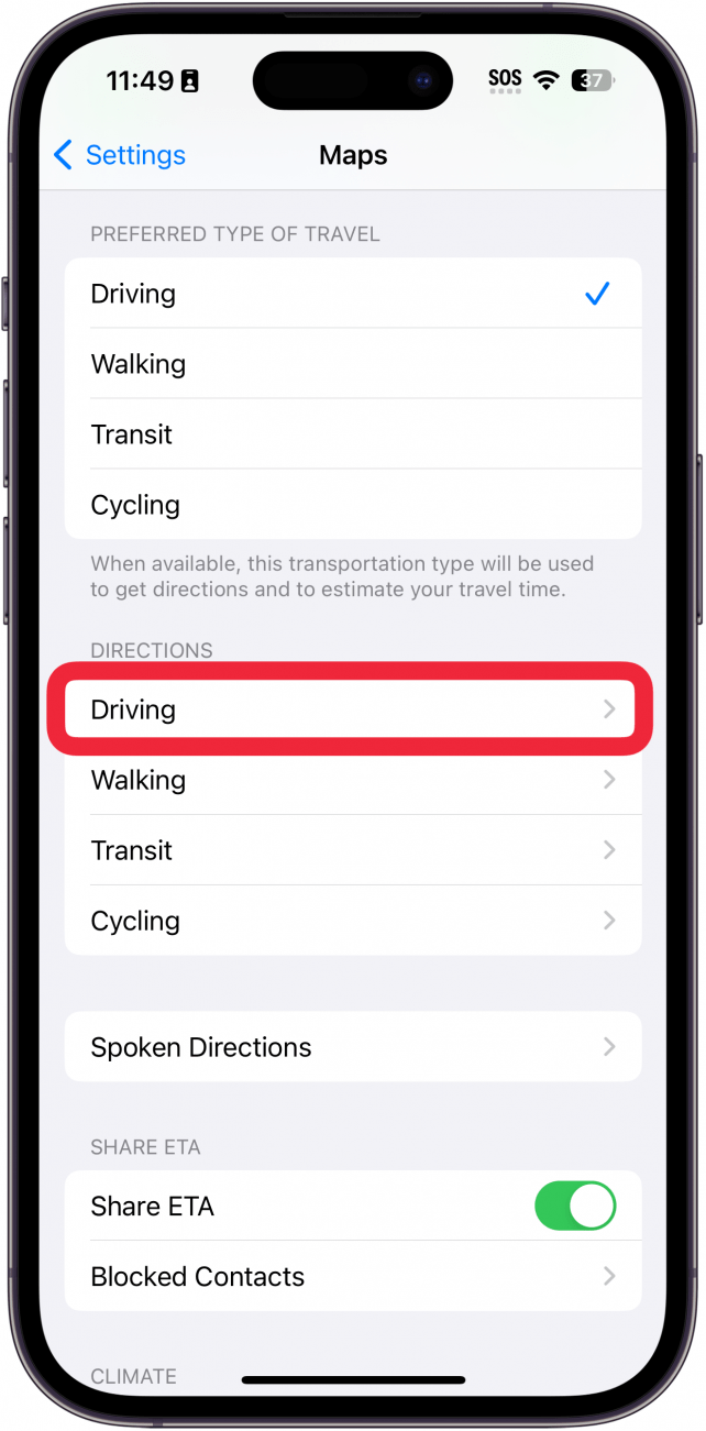 Réglages de l'application Cartes pour iPhone avec un encadré rouge autour de l'option de conduite