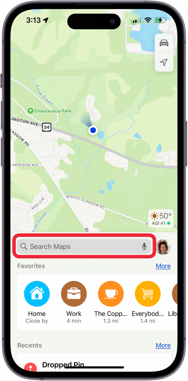 toccare la barra di ricerca per vedere la cronologia delle mappe di Apple
