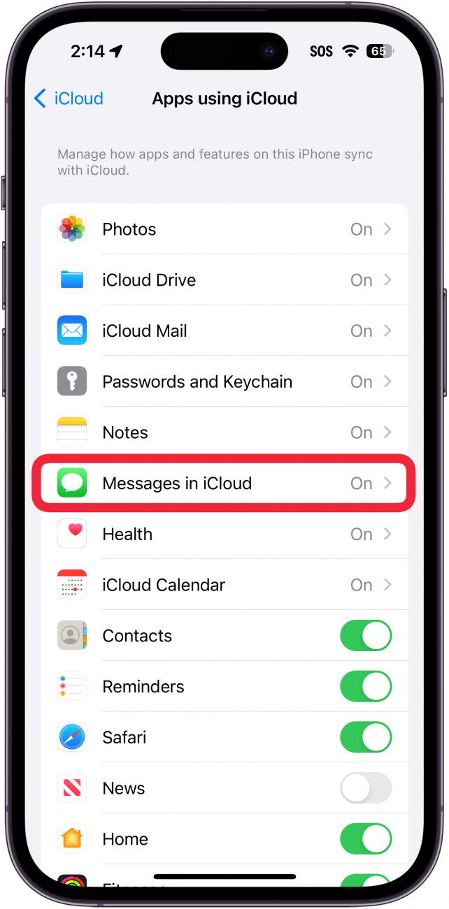 réglages de l'application icloud de l'iphone avec un encadré rouge autour des messages dans icloud