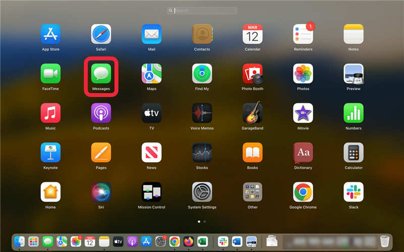 elenco app mac con un riquadro rosso intorno all'app messaggi