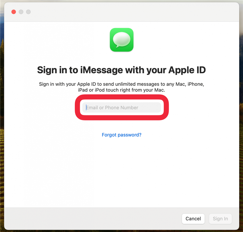 mac messages app affichant un écran de connexion avec un encadré rouge autour du champ de saisie de l'email