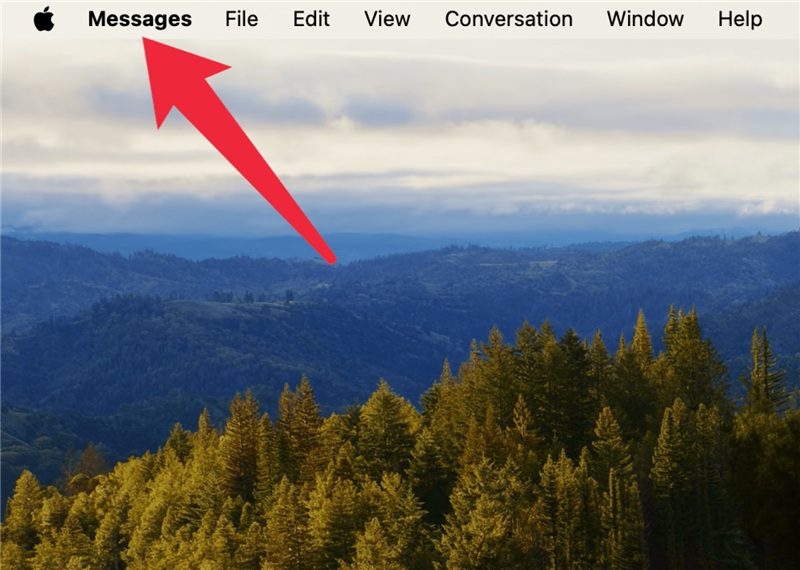 Mac-Startbildschirm mit einem roten Pfeil, der auf Nachrichten in der Taskleiste oben links im Bildschirm zeigt