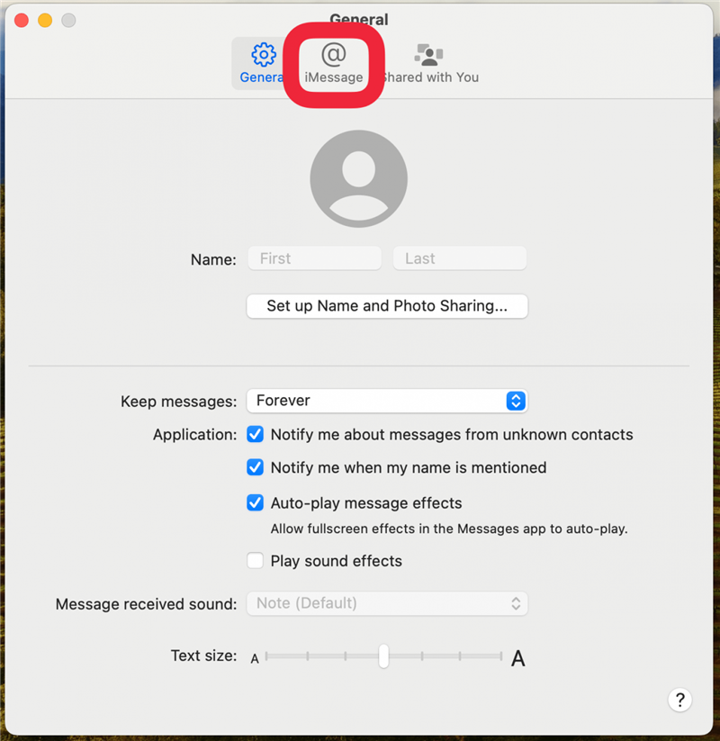 configuración de la aplicación mensajes de mac con un recuadro rojo alrededor de la pestaña imessage