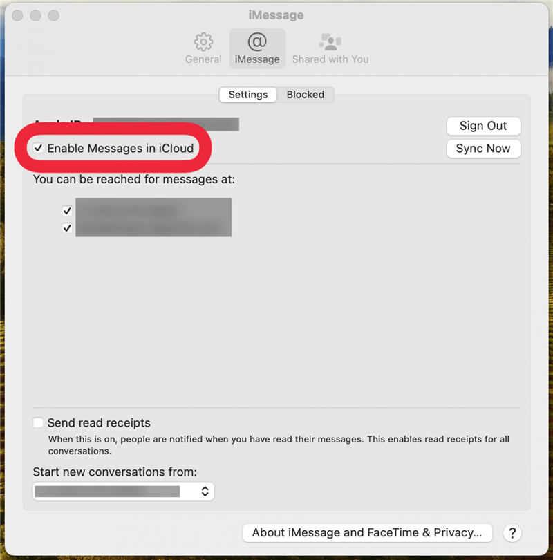 configuración de imessage de mac con un recuadro rojo alrededor de la opción habilitar mensajes en icloud