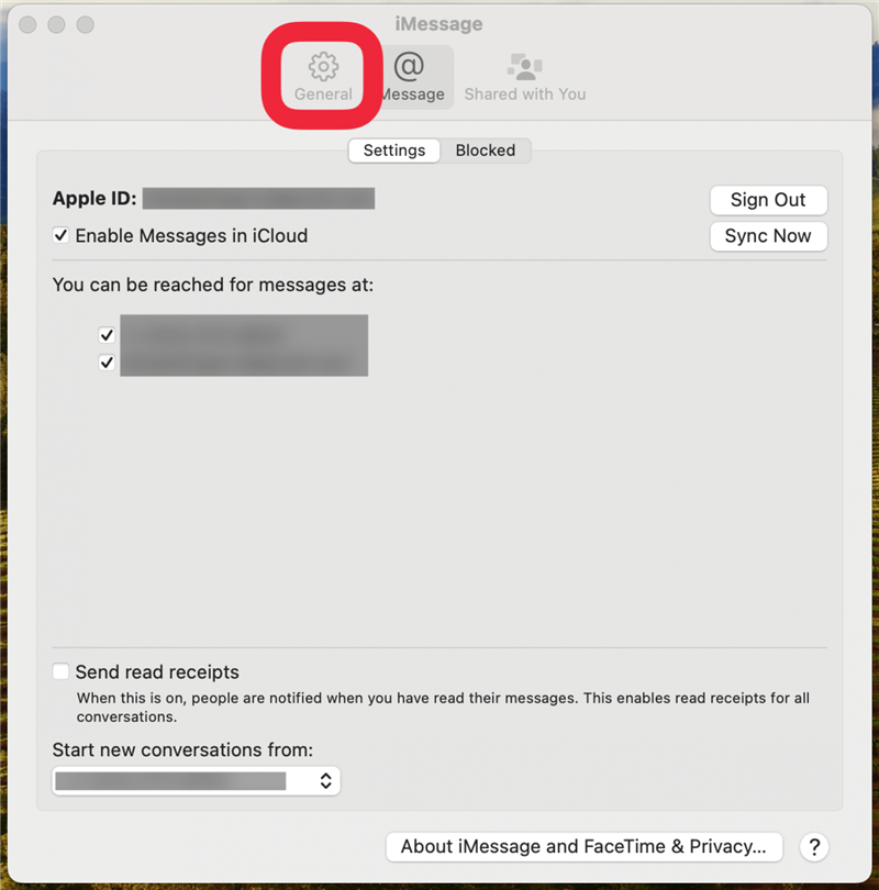 mac imessage-innstillinger med en rød boks rundt kategorien generelt